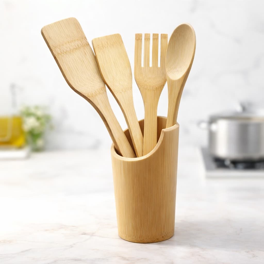 Kit 5 Peças Utensílio de Cozinha de Bambu com Supore antiaderente, ecológico, espátula madeira
