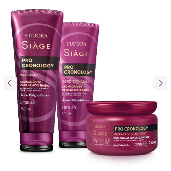 Shampoo, Condicionador,  Máscara e Leave In, Siàge Pro Cronology da Euddora.