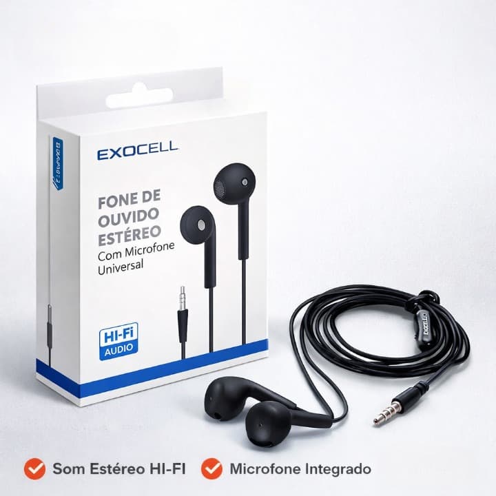 Fone De Ouvido com microfone universal EXocell Cor preto