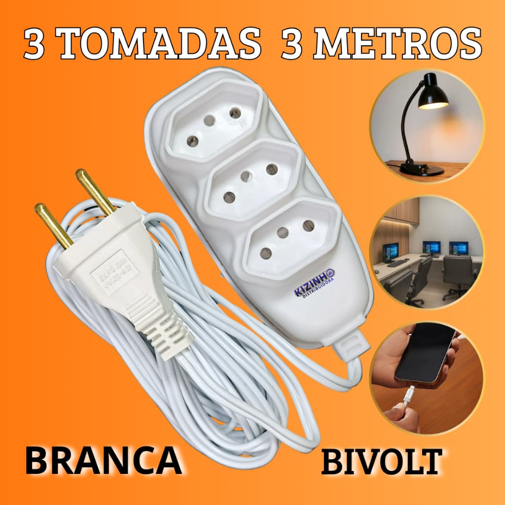 Extensão Elétrica de 3 Metros com 3 Tomadas Branca Extensão de Energia Bivolt 127/220 10A