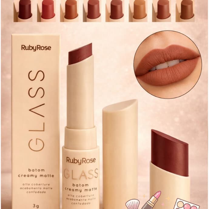 Batom Creamy Matte Glass Ruby Rose – Alta Cobertura, Acabamento Aveludado, 8 Cores | F567