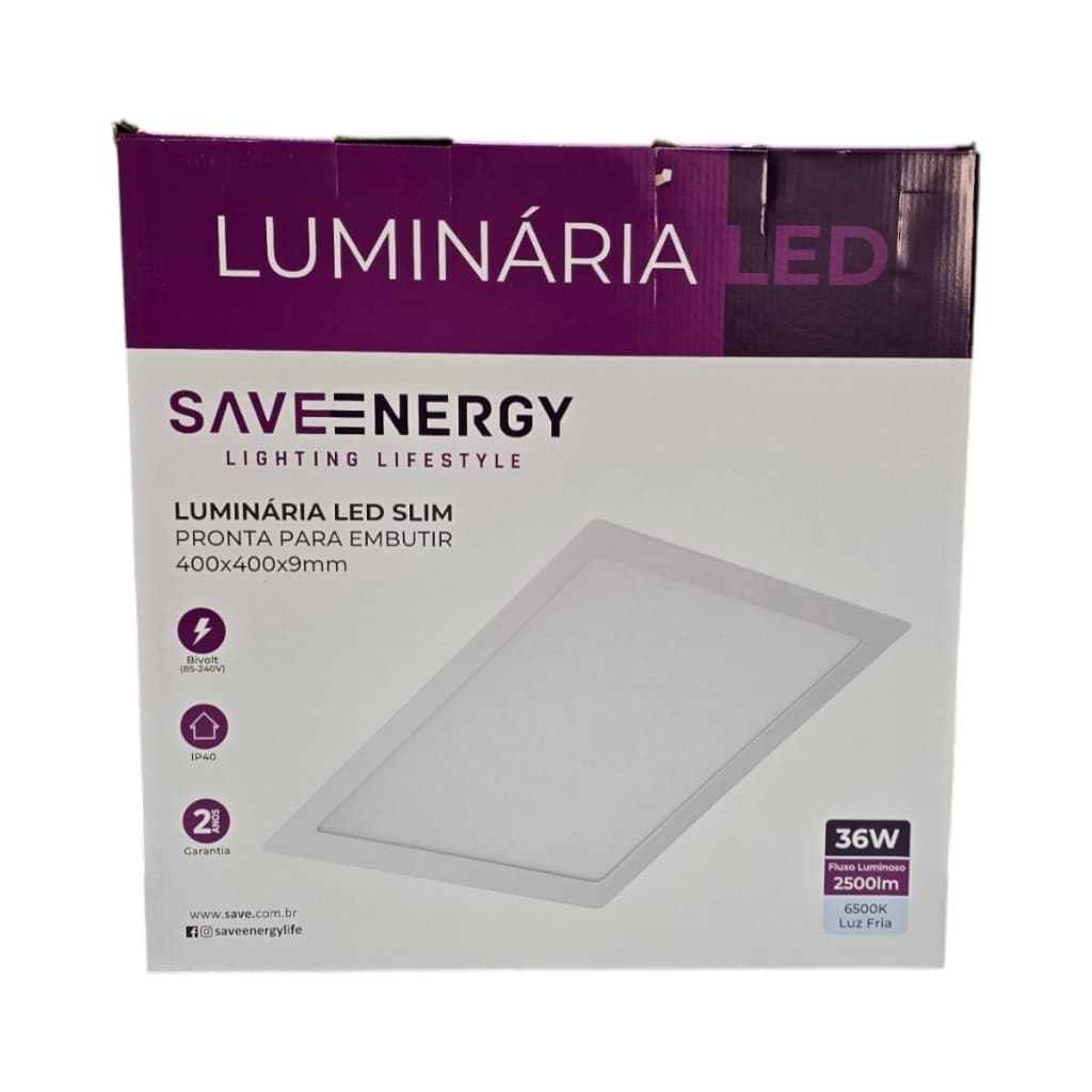 Painel Plafon Led Embutir 40x40cm 36W 6500K Branco Bivolt - Save Energy - SE-240.3573