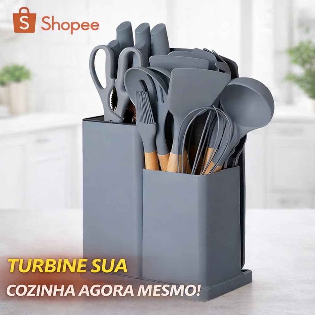Kit Utensílios Cozinha 19 Peças Completo Silicone Premium Antiaderente Cabo Madeira Cinza Resistente
