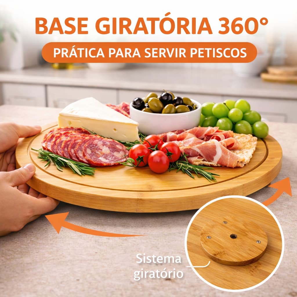 Tábua Prato Redonda Giratório 360º Bambu Frios Suporte 27,6x27,6cm