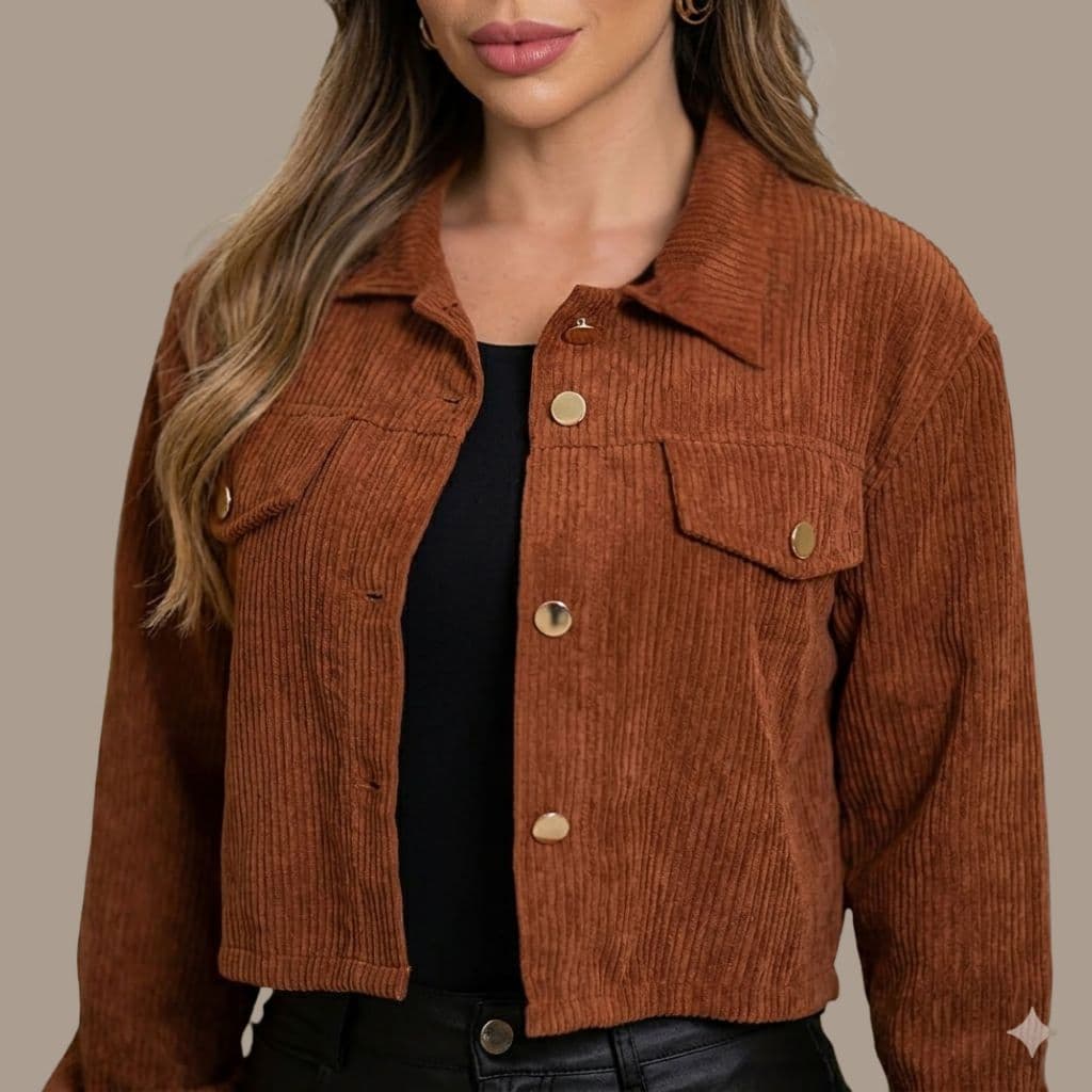 Jaqueta Feminina Cotelê  com Botões e Bolso | Casaco Curto Moda Inverno Elegante P ao GG