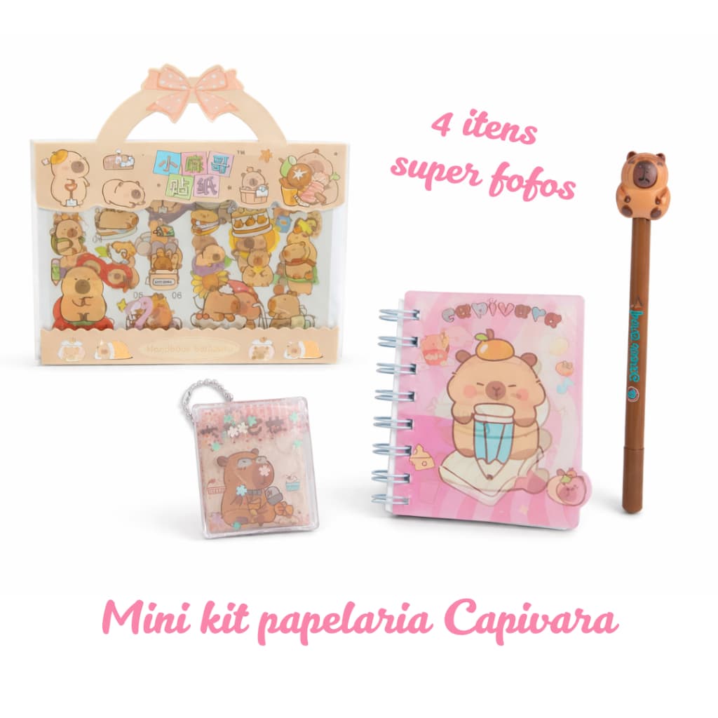 Kit fofo de papelaria: Adesivos, Caneta, Bloco e Mini Bloco Chaveiro de capivaras