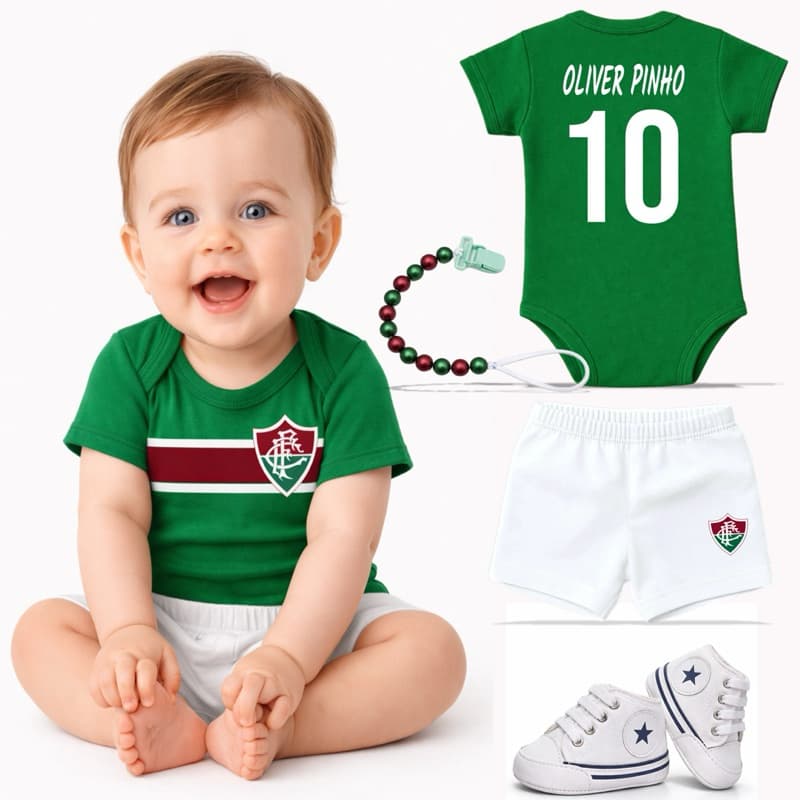 Conjunto Completo Body Bebê C/ Nome Fluminense Menino Menina 4 pçs: Bori + Shorts, Tênis e Prendedor