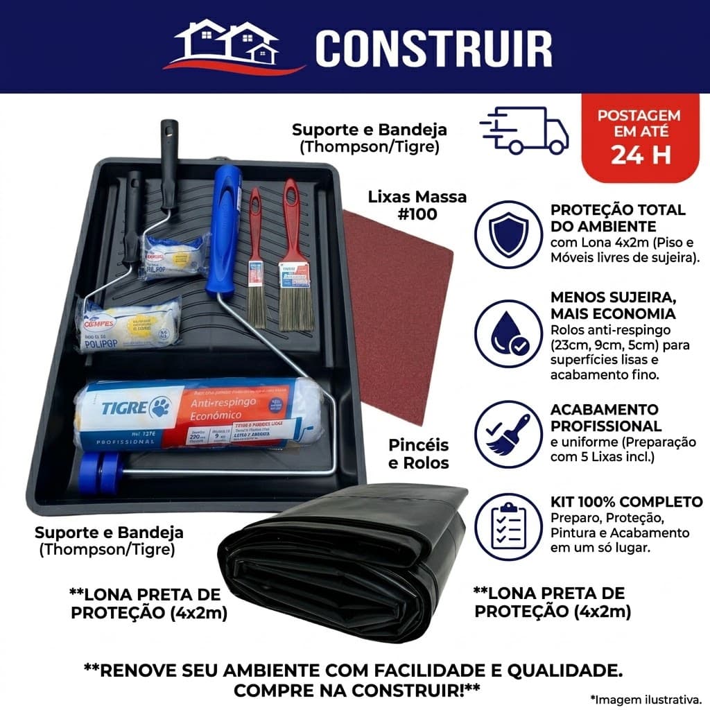 Kit Pintura Profissional Completo Anti Respingo + Lona C/ 13 Peças Parede Rolo Lã Com Lixa E Pincel