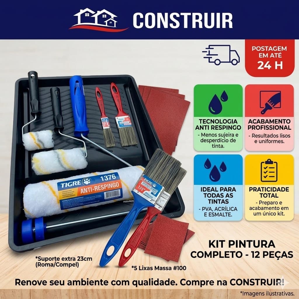Kit Pintura Profissional Rolo Lã Anti Respingo Pincel E Bandeja 12 Peças Tigre Compel Roma Parede