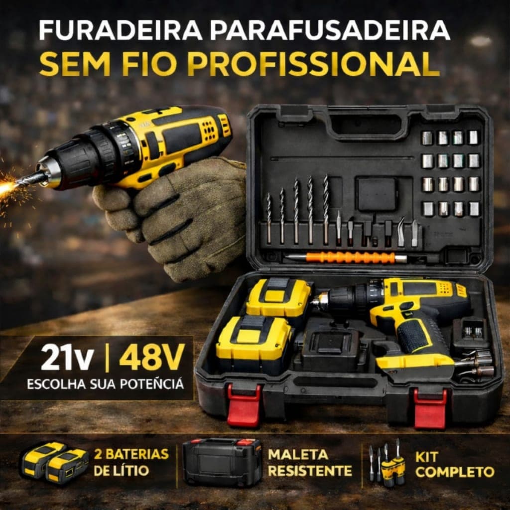 Kit Parafusadeira Furadeira Sem Fio 21V ou 48V + 2 Baterias + Maleta 29 Peças Profissional