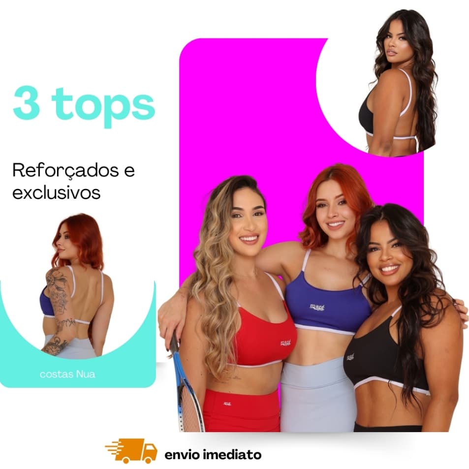 KIT 3 Top Fitness Costa Nua Cropped Faixa Academia Alcinha Sem Bojo Moda Gringa