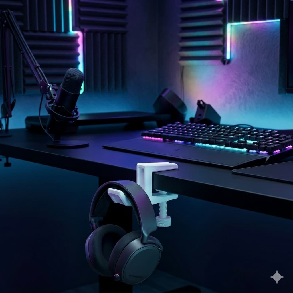 Suporte Headset Ajustável para Mesa com Presilha – Fone Gamer Universal, Organizador Resistente