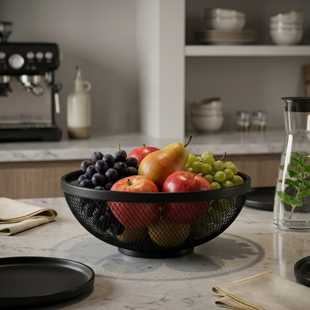 Fruteira Para Mesa ou Bancada de 30cm Metal Aramado Preta ou Dourada Cesta Para Frutas Organizador