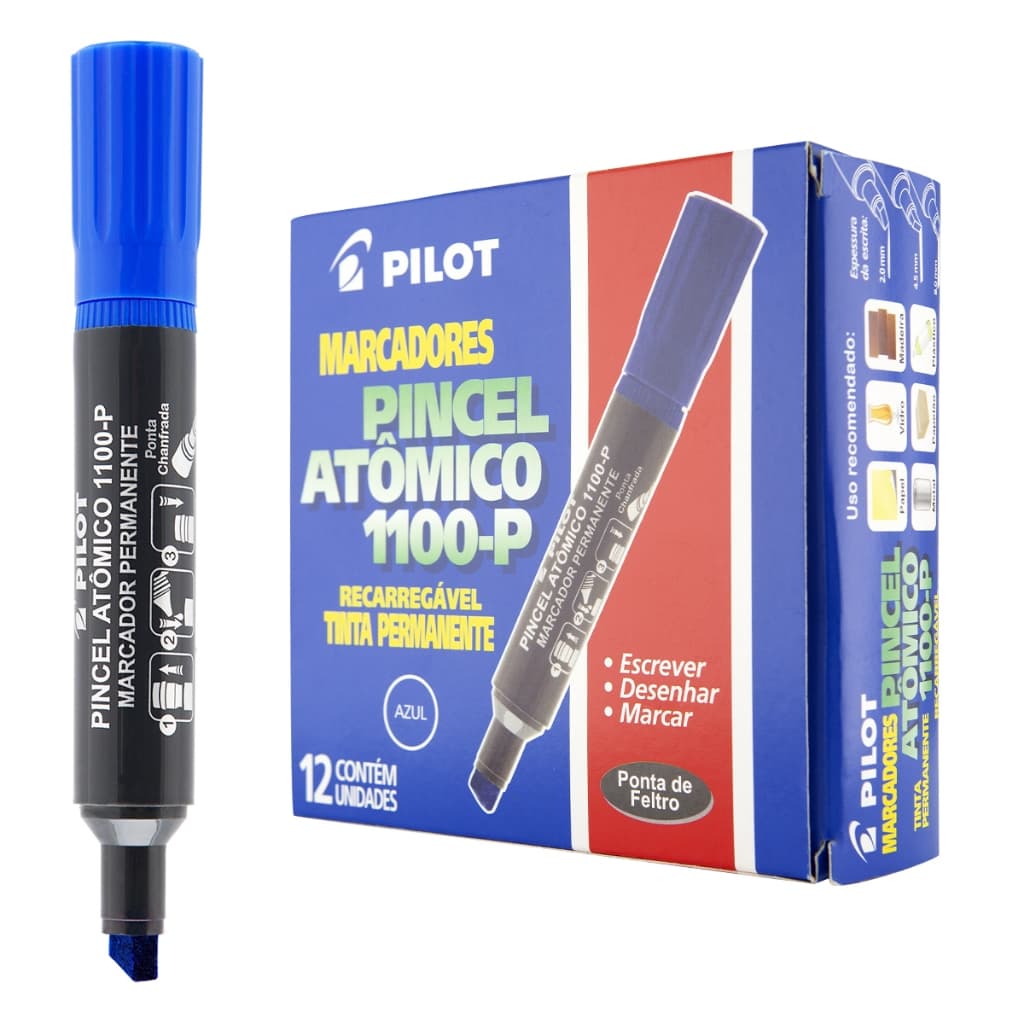 Caixa 12 Pincel Atômico AZUL Pilot Marcador Permanente 1100-P Chanfrado