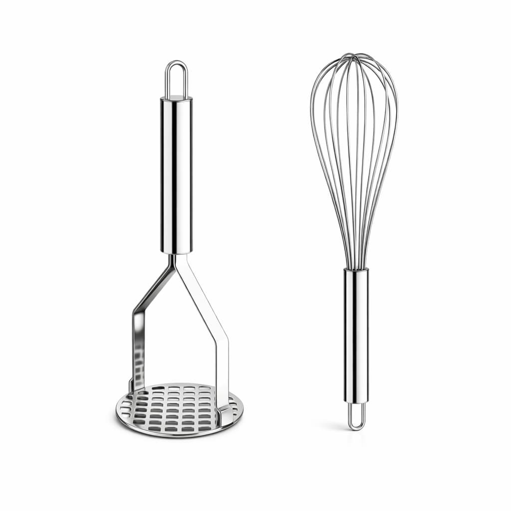 Kit Cozinha Inox: Amassador de Batatas + Batedor de Ovos (Fouet) - Durabilidade e Praticidade