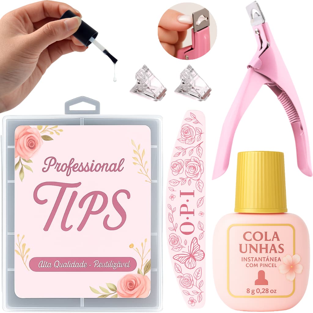 Kit Alongamento De Unha Tips Alicate Cortador de Tips + Cola De Unha + Lixa Bumerangue + 100 Unhas