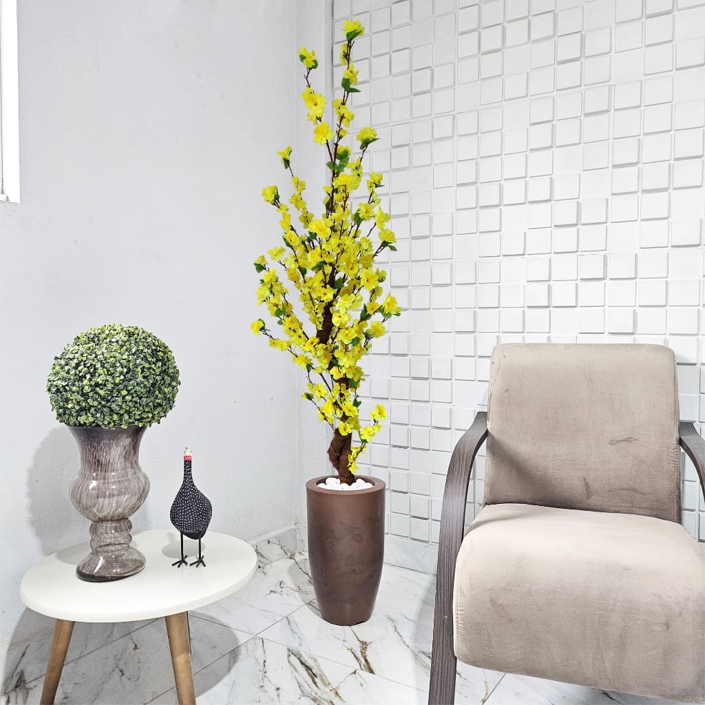 Flor Artificial Cerejeira Pessegueiro Amarela 150cm Vaso Marmorizado Pedra  Decoração Sala