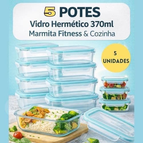 Conjunto 5 Potes de Vidro Hermético 340ml Organizadores de Cozinha com Travas Mantimentos Marmita