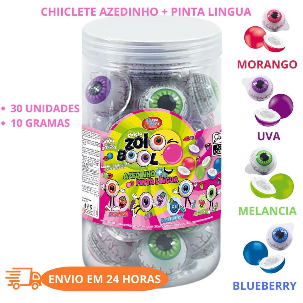 CHICLETE ZOIO BOOL AZEDINHO PINTA LINGUA POTE COM 30 UNIDADES MELANCIA, MORANGO, UVA E BLUEBERRY