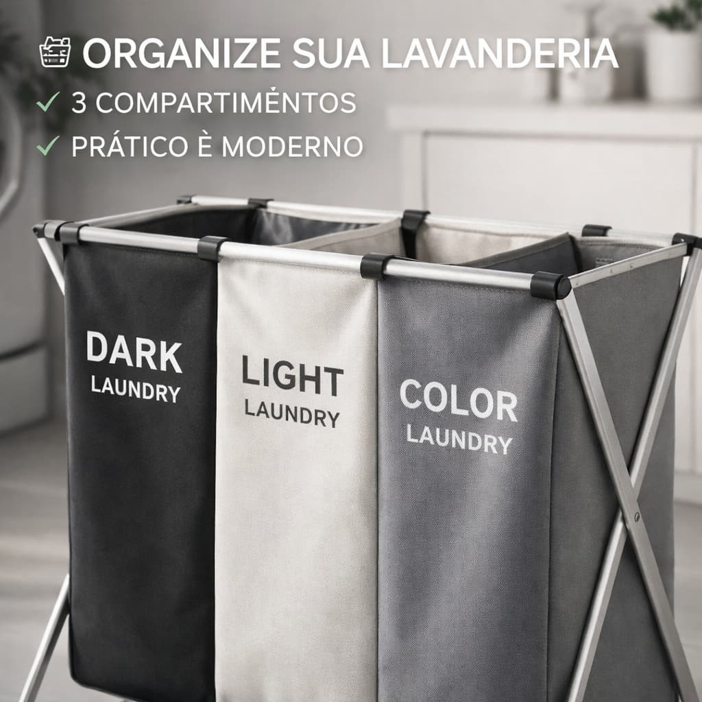 Cesto de Roupas Suja Organizador Lavanderia 3 Grades Estilo e Praticidade