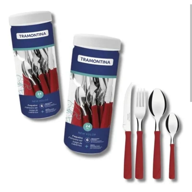 FAQUEIRO TRAMONTINA 24 PEÇAS + POTE ORGANIZADOR | INOX CABO VERMELHO OU PRETO