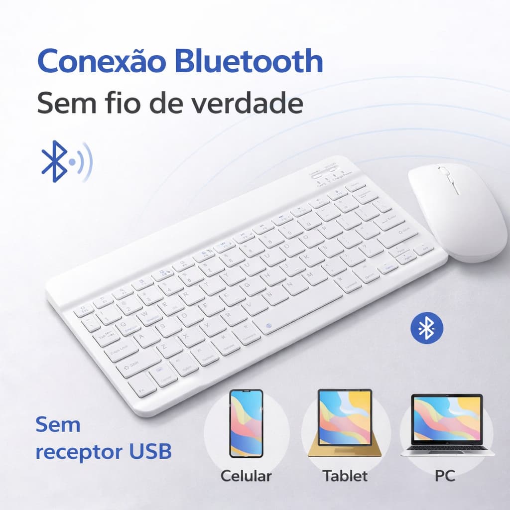 Teclado e Mouse Bluetooth Sem Fio Kit Slim para Tablet Notebook Android iOS Recarregável