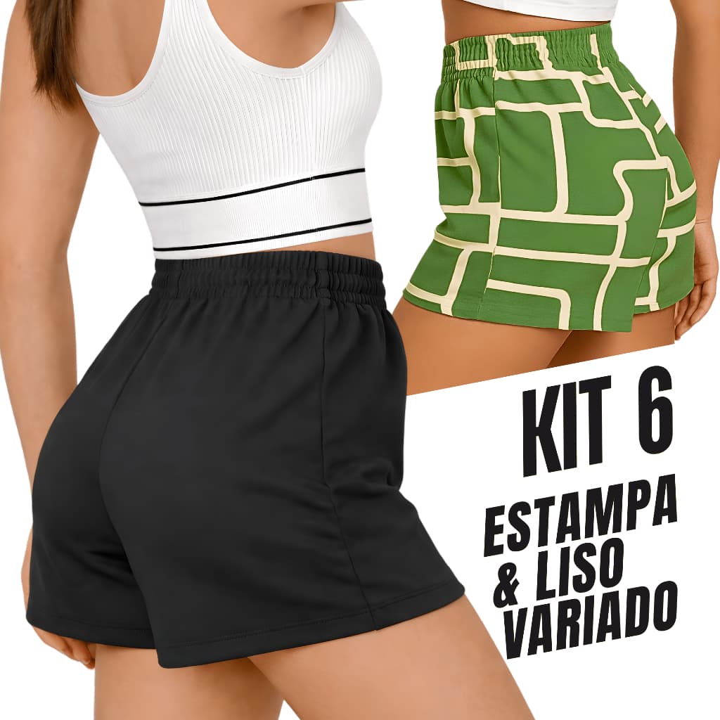 Kit 6 Short Feminino Estampado e Liso Leve Dia Dia Versatil Confortavel Seca Rapido Envio Imediato