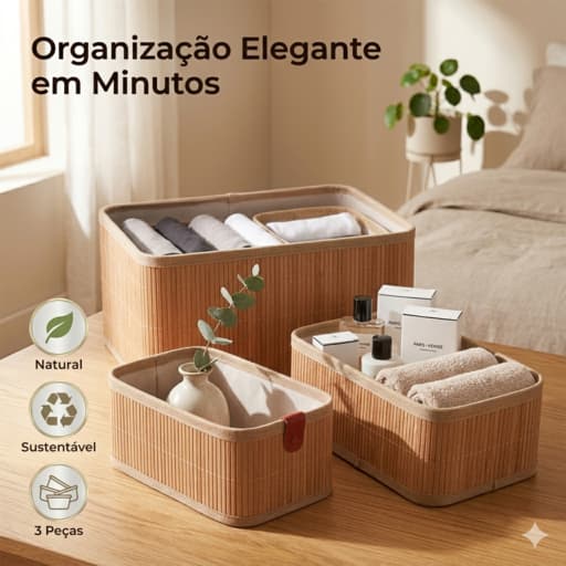 Conjunto 3 Cestos Organizadores em Bambu Duravel Closet Cozinha Armazenamento Elegante