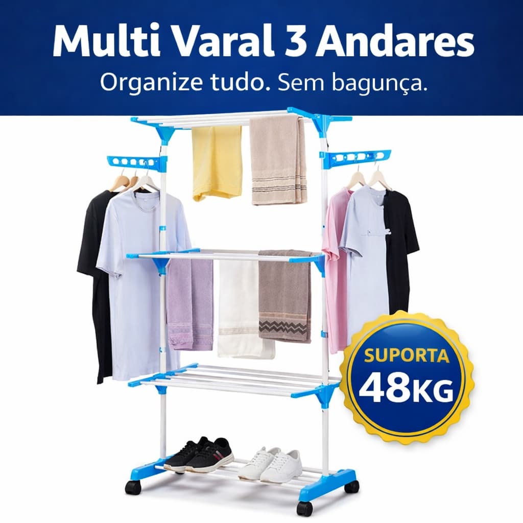 Varal de Chão Dobrável 3 Andares Rodinhas 360° Cabideiro 48KG Compacto Portátil Chao Não Enferruja
