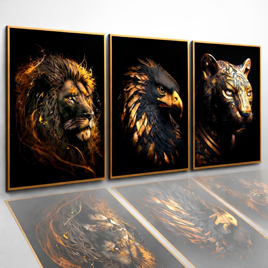Quadro Decorativo Metal Nordico Ouro Leao Aguia Tigre 3 Peças