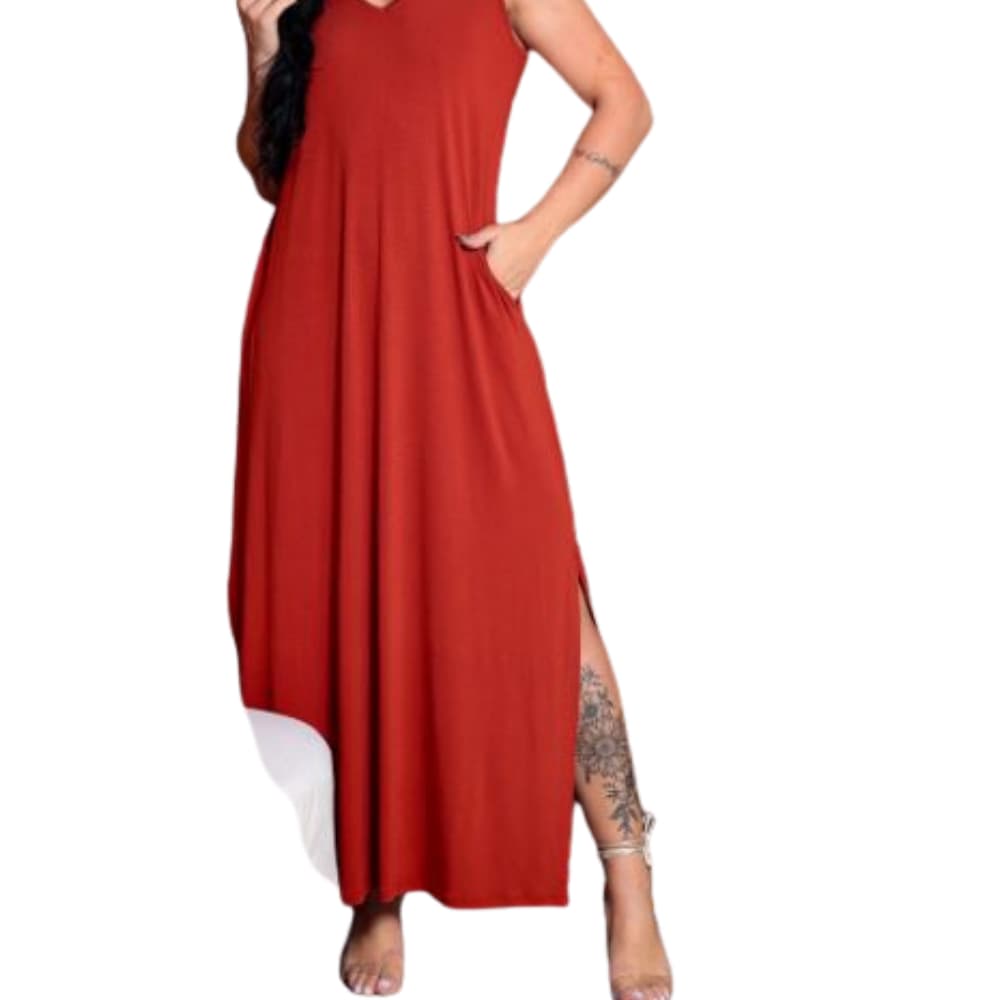 Vestido midi com fenda e bolso lateral moda feminina elegante soltinho regata casual  confortável leve diversas ocasiões