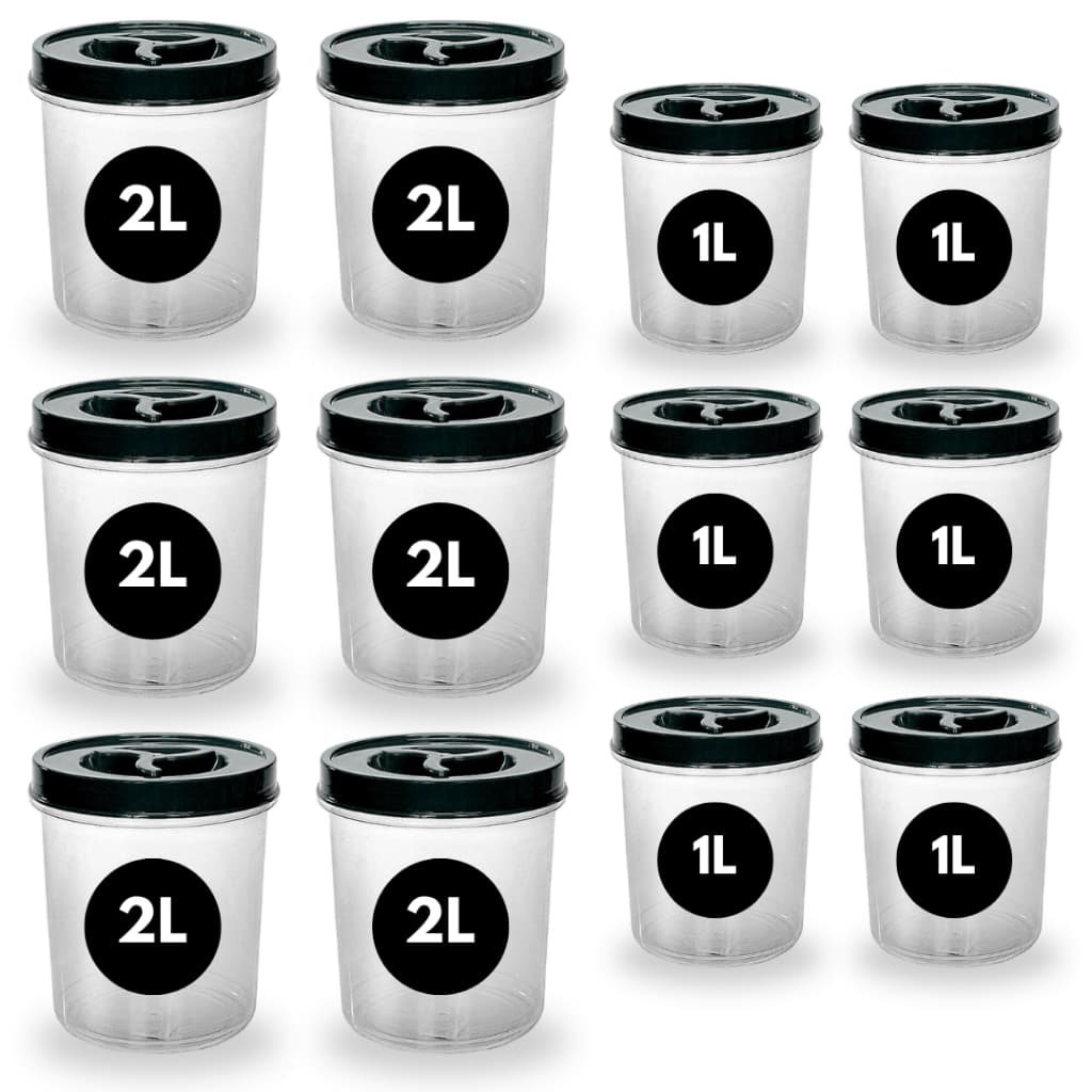 Kit 12 Potes Redondo 6 De 2 Litros + 6 de 1 Litro Transparente Tampa Rosca Pote Mantimento BPA FREE