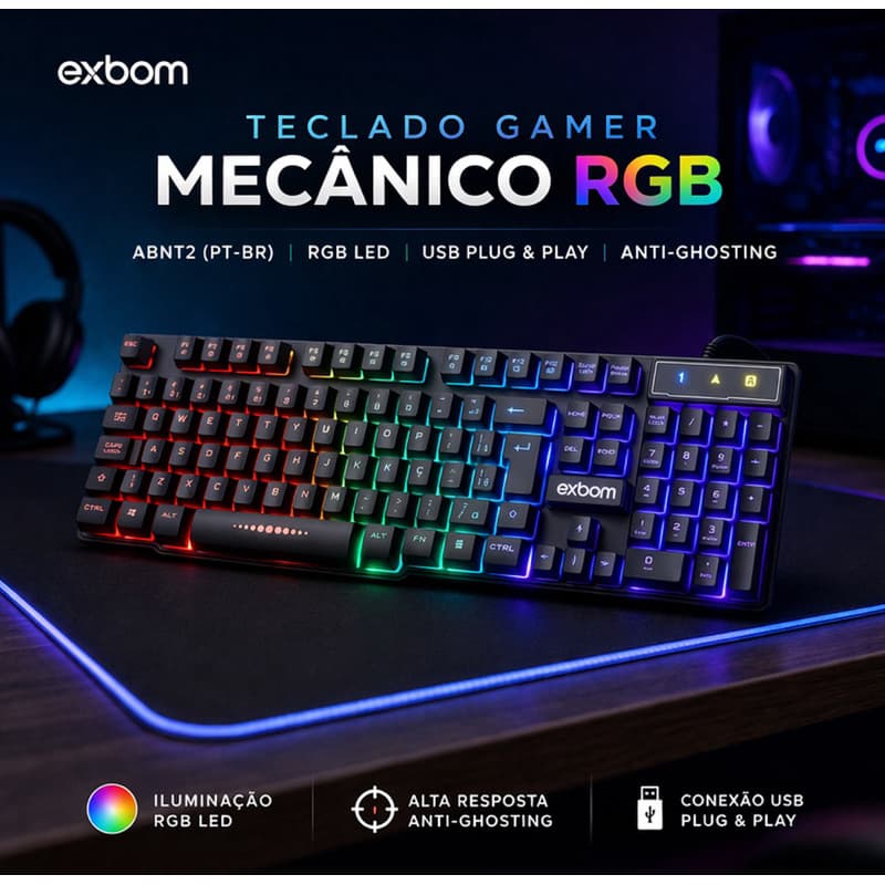 Teclado Mecânico Gamer RGB LED USB Anti Ghosting Alta Performance Para PC Gamer Computador Teclado Gamer Iluminado