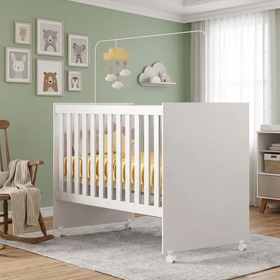 Berço Americano Life Vira Mini Cama Branco Rodízios Compacto Quartos Infantil Suporte Mosquiteiro Colchão Incluso - AV