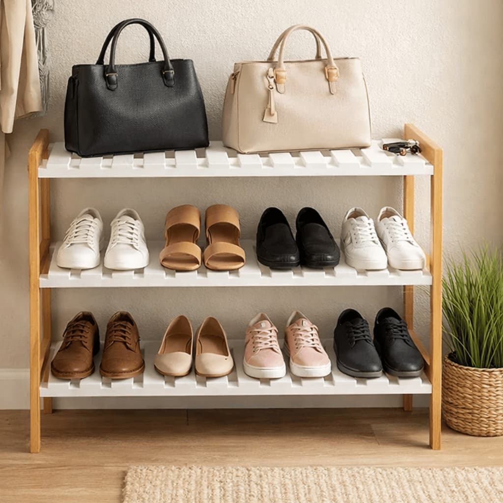 Sapateira Em Bambu 3 Andares Organizador Para Sapatos Tênis Calçados 9 Pares Hall De Entrada Quarto