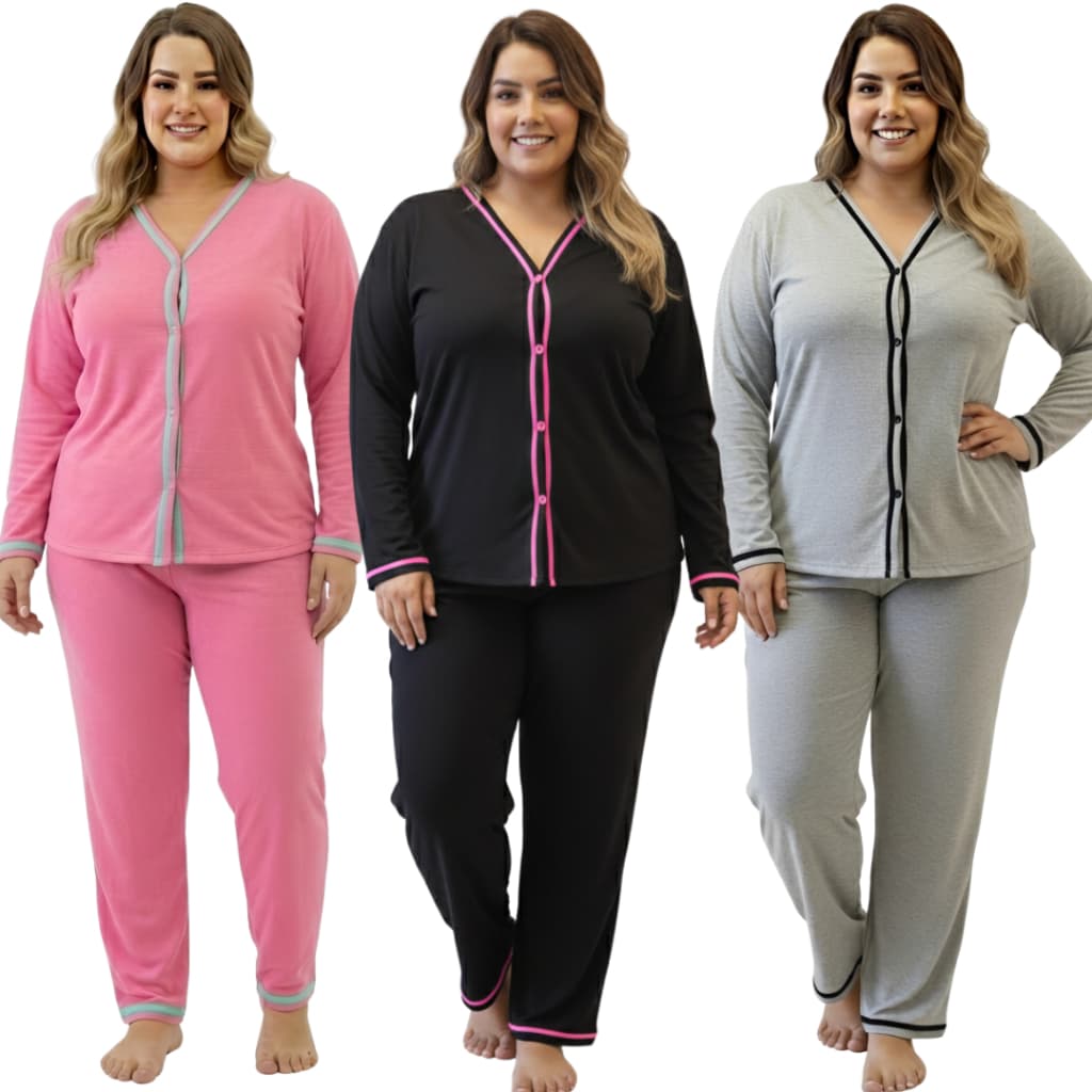 Pijama Longo Americano Plus Size com Botões Amamentação