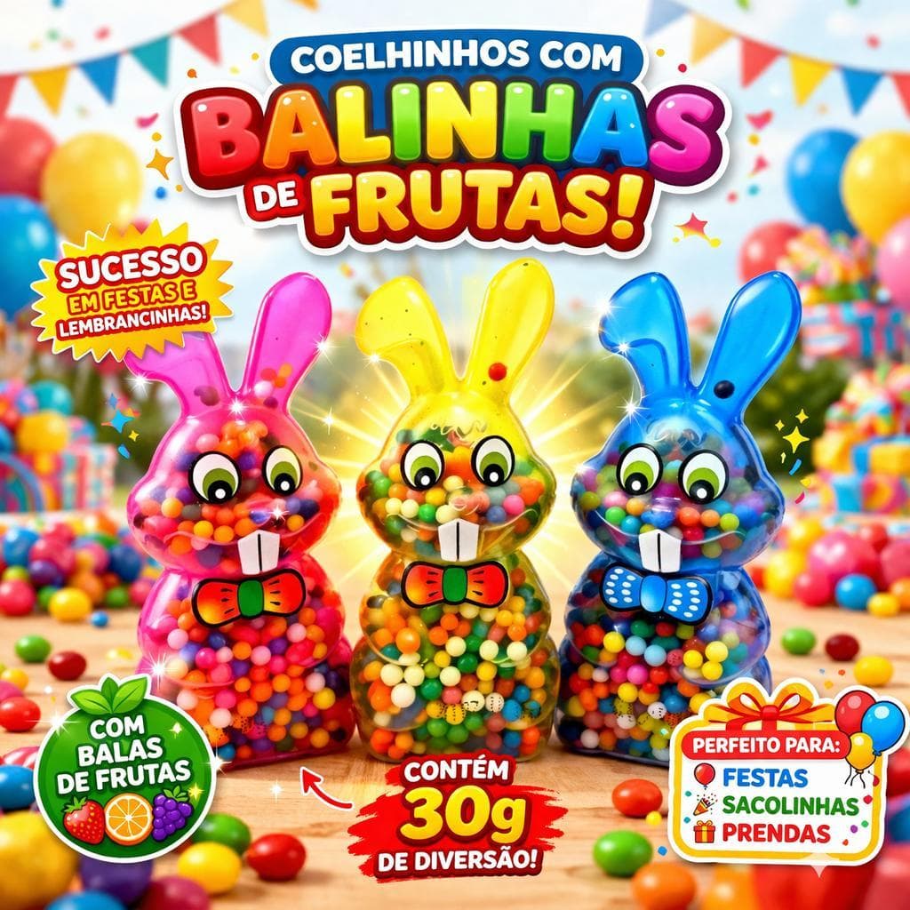12UN Brinquedos coelhinhos com balinhas de frutas, festas, prendas, diversão, brinquedo infantil.
