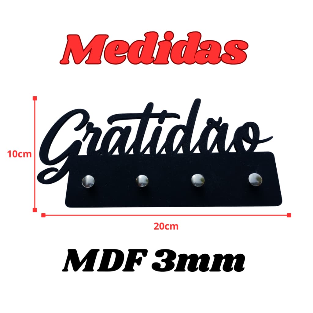 Porta Chaves Porta Chaves Gratidão em Mdf Vazado de 3mm Preto Fosco