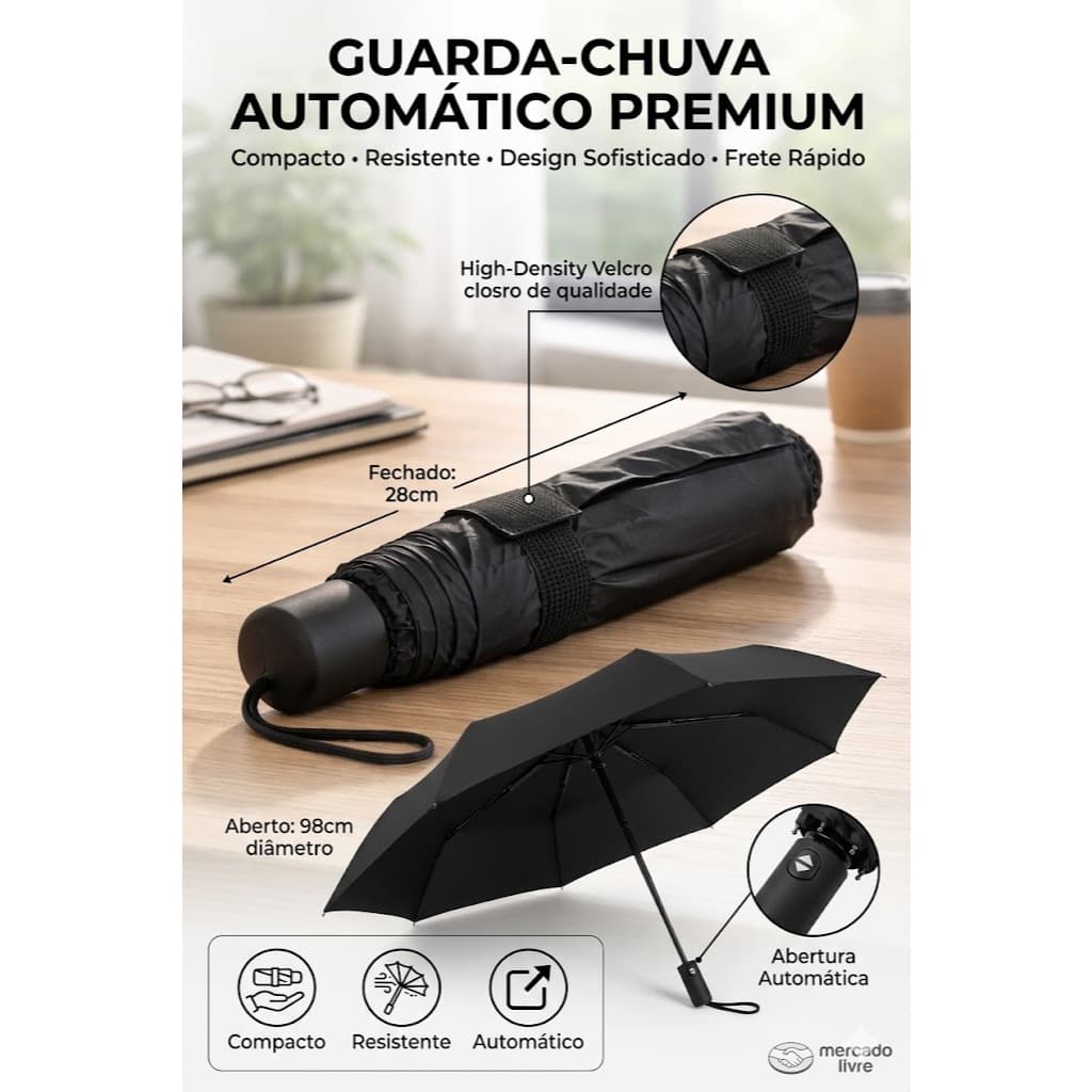 Guarda Chuva Portatil Dobravel Compacto Resistente Preto Protecao Chuva sombrinha