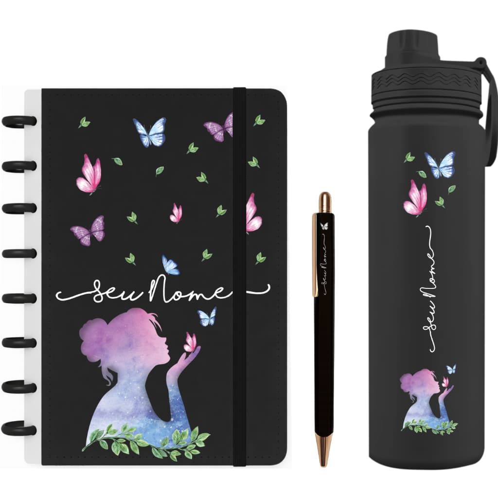 Kit Personalizados Caderno de Discos + Garrafa Fresh Térmica 500ml + Caneta Kit Fada Encantada Preto-K03