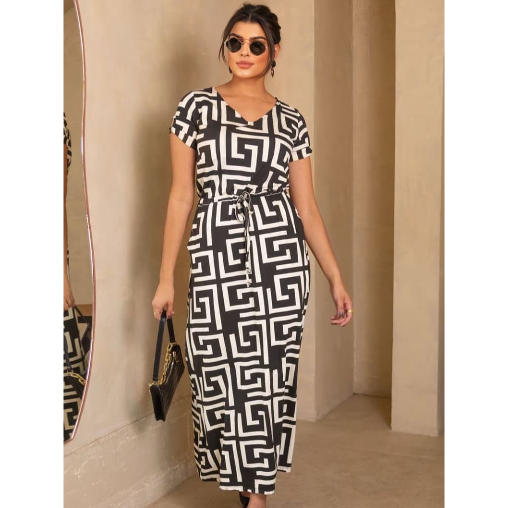 Vestido Longo Feminino Plus Size Manga Curta com Bolsos e Cintura Ajustável Elegante Moda evangélica
