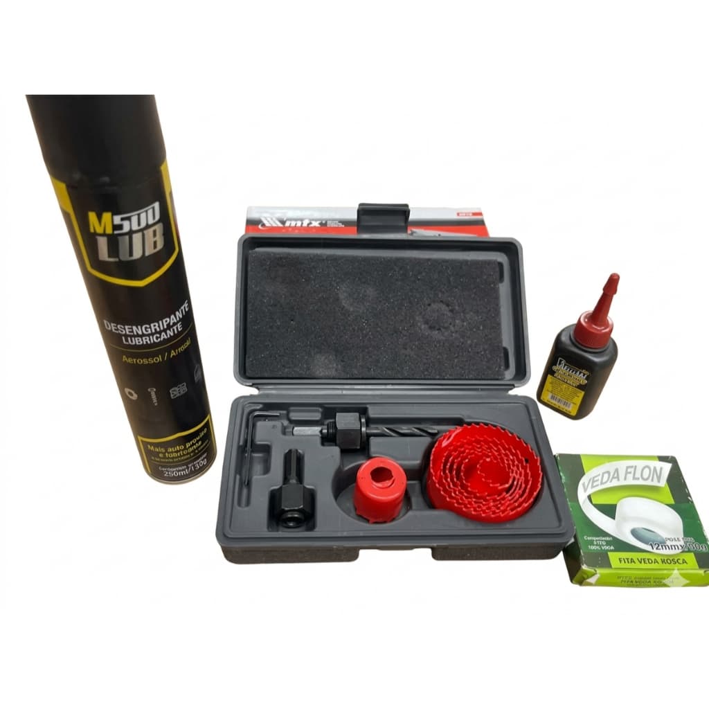 Kit ferramentas 4 peças | Grafite em Pó + Desengripante + Fita Veda Rosca + Jogo De Serra Copo