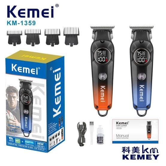 Máquina de Cortar Cabelo e Barba Kemei KM-1359 – Motor 7500RPM, Bateria 1200mAh, Display LED Turbo