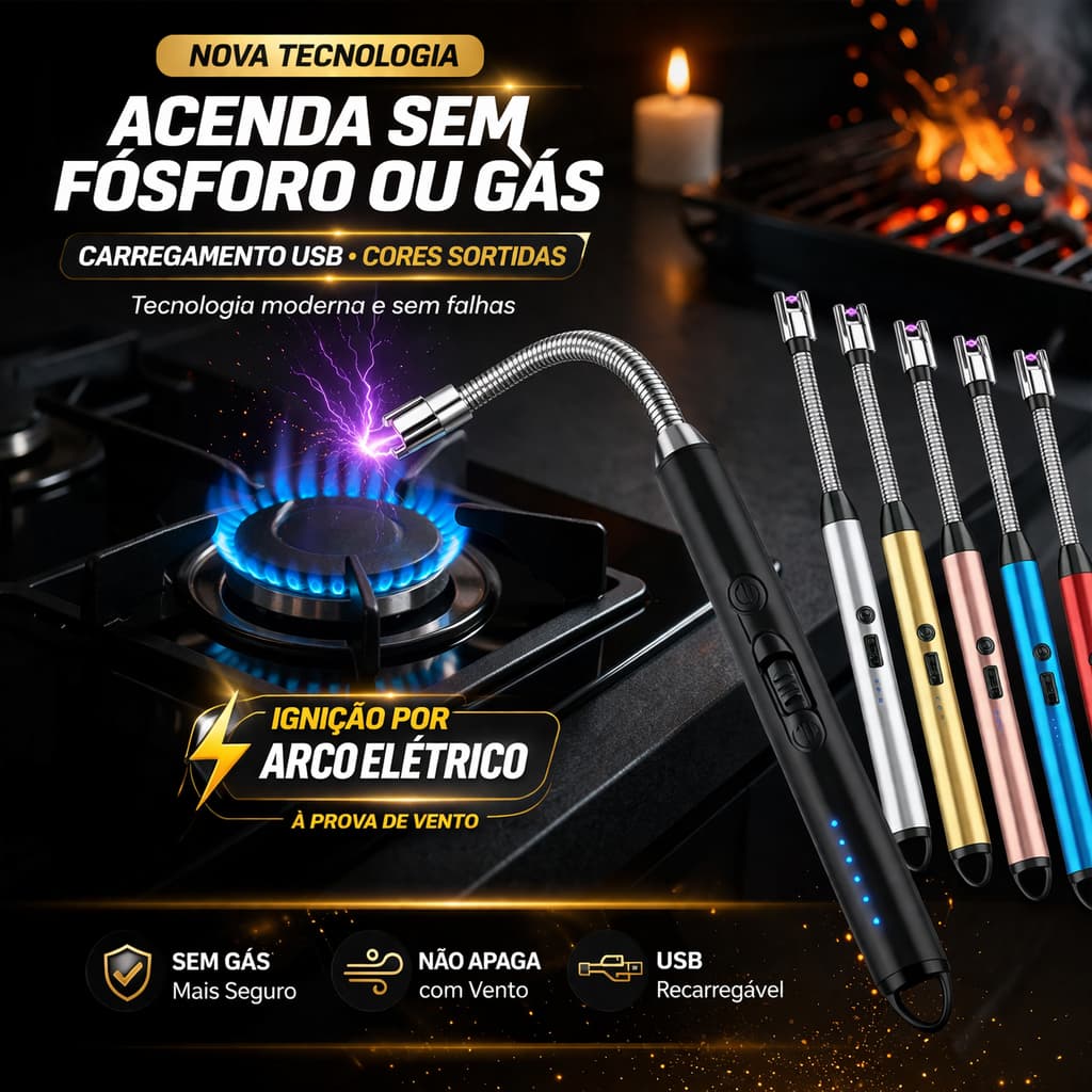 Acendedor de Fogão Elétrico Recarregável USB – Tecnologia de Ignição por Arco - (Cores Sortidas)
