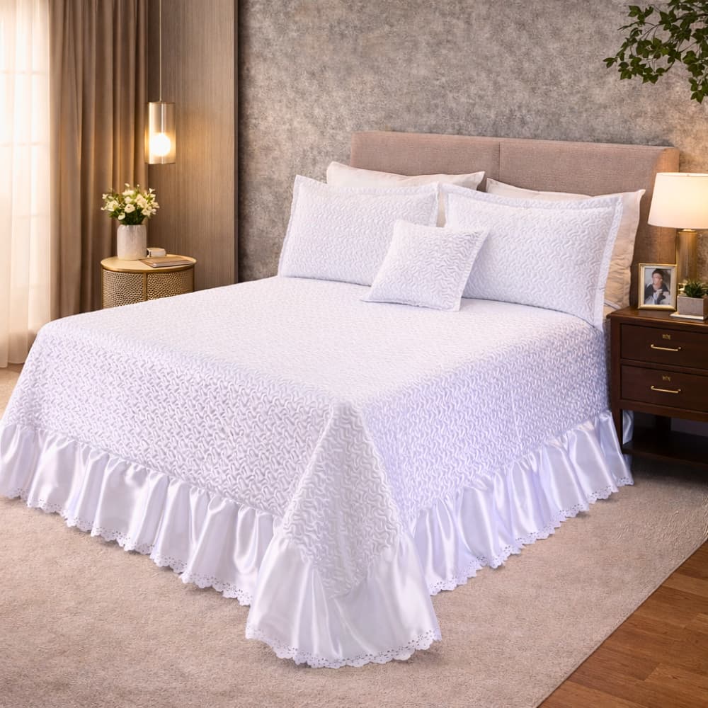 Kit Cobre Leito Queen 4 Peças Matelado Babado Colcha Athena Luxo