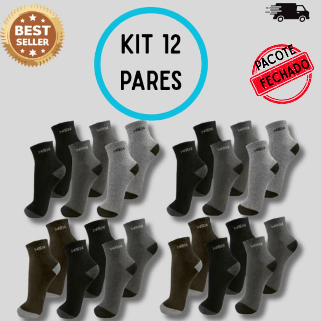 Kit 12 Pares Meia Cano Médio Algodão Unissex 36-43 Confortável Uso Diário