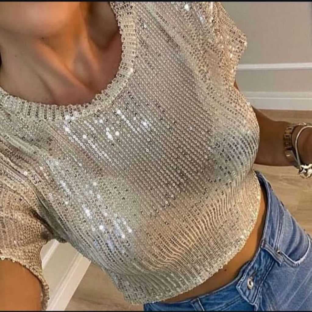 Blusa Cropped Feminina Paetê Brilho Festa Balada Luxo Manga Curta P ao G