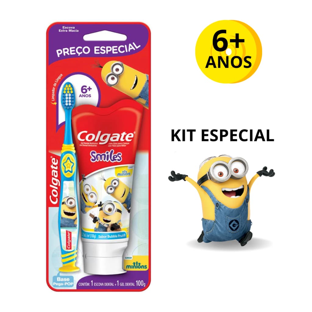 Kit Escova Dental Infantil Extra Macia Minions + Creme Anticáries Flúor 100g Colgate Smiles