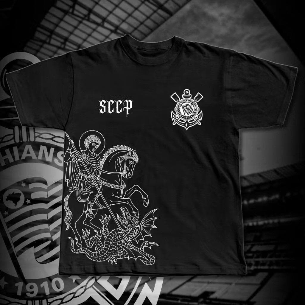 Camiseta Oversized Time Timão São Jorge SCCP Camisa Grande 100% Algodão Estampada