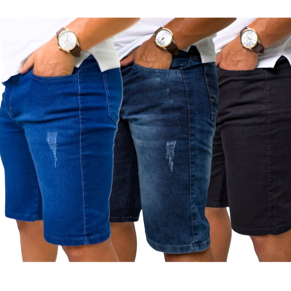Kit de 3 Bermudas Jeans Masculinas Casual – Versáteis e Resistentes | Elastano Premium - 36 ao 48